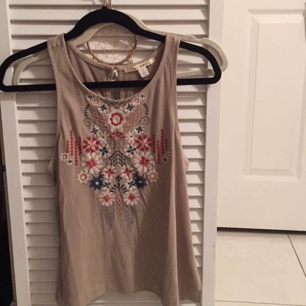 Suade tan and multi color stitching tank